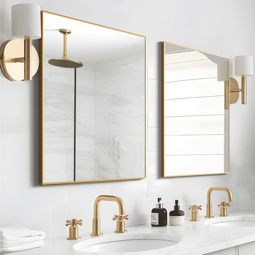 30 in. W x 39 in. H Rectangular Metal Framed Bathroom Wall Mirror in Gold 2