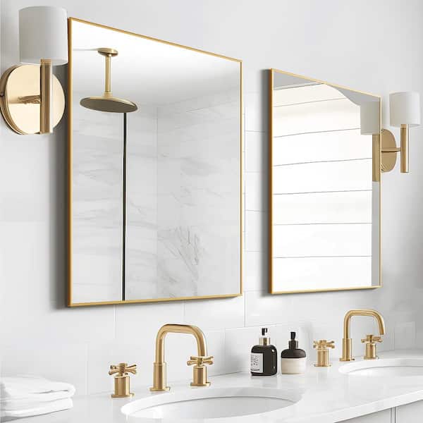 Lirago 30 in. W x 39 in. H Rectangular Metal Framed Bathroom Wall Mirror in Gold 2-Pieces
