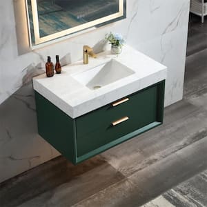 36 in. W x 20.9 in. D x 21.3 in. H Wall Mount Solid Wood Bath Vanity in Green with White Cultured Marble Top, LED Light