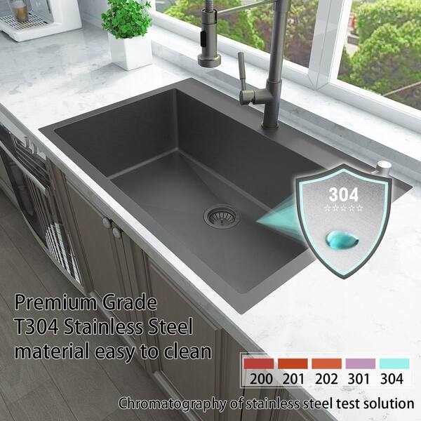 Sinber 33-Inch Drop-In Kitchen Sink – Single Bowl, 304 Stainless Steel, Satin Black HT3322S-BE