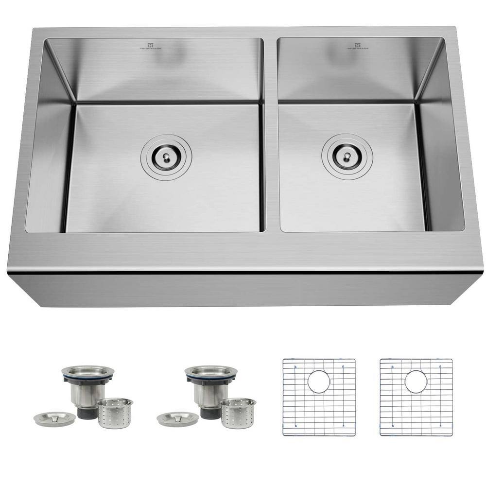 Silver Stainless Steel Farmhouse Apron 33 in. x 20 in. Double Bowl Undermount Kitchen Sink with Bottom Grid