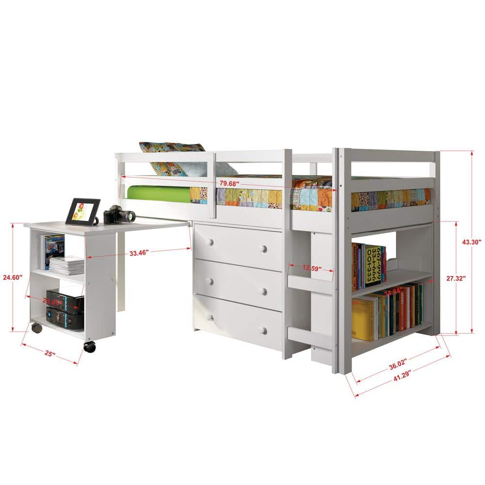 White Twin Pine Loft Bed with Storage and Desk