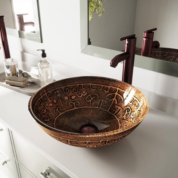 VIGO Vessel Bathroom Sink in Copper Mosaic with Faucet Set in Oil Rubbed Bronze