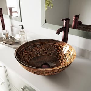 Vessel Bathroom Sink in Copper Mosaic with Faucet Set in Oil Rubbed Bronze