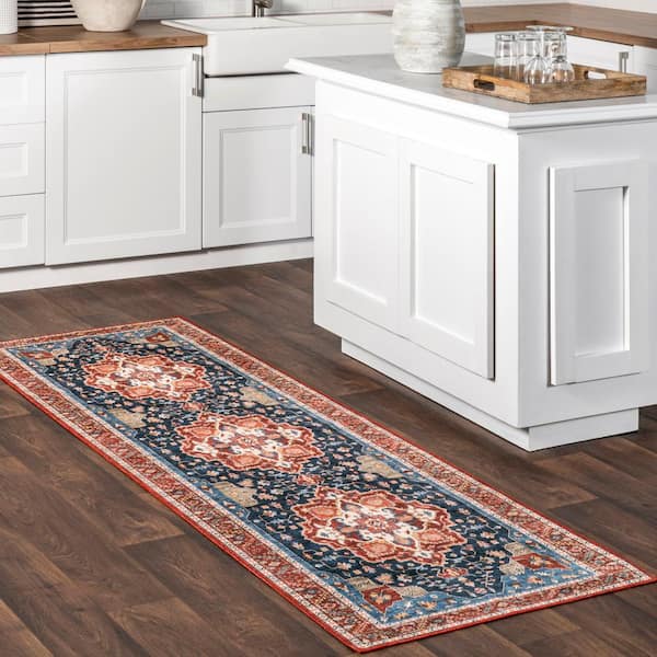 Hera Medallion Spill-Proof Machine Washable Blue 2 ft. 6 in. x 8 ft. Runner Rug