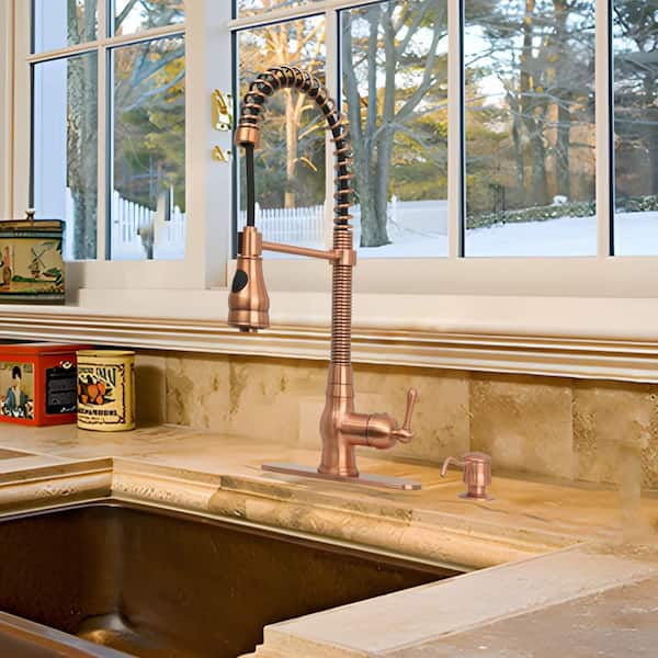 Single-Handle Pre-Rinse Spring Pull-Down Sprayer Kitchen Faucet in Copper