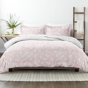 Premium Down Alternative Pink Pressed Flowers Reversible Microfiber King Comforter Set