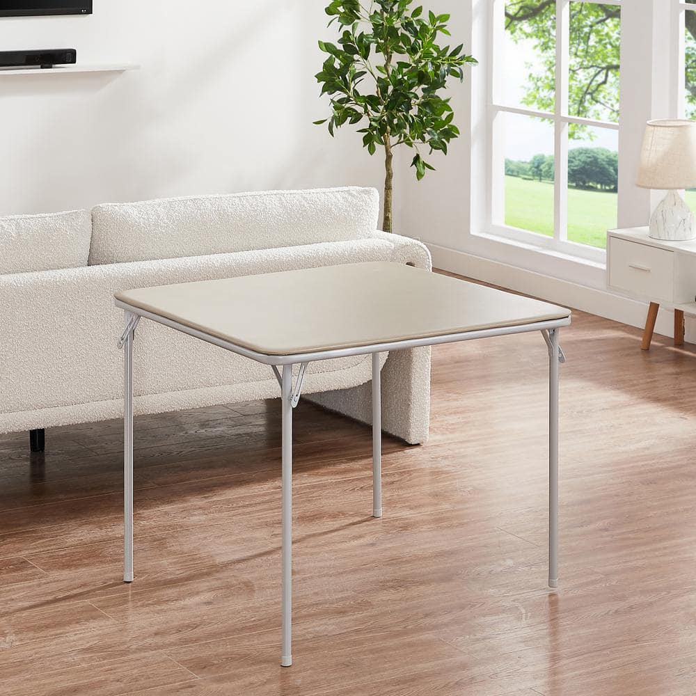 Beige Metal Square Folding Card Table with Collapsible Legs