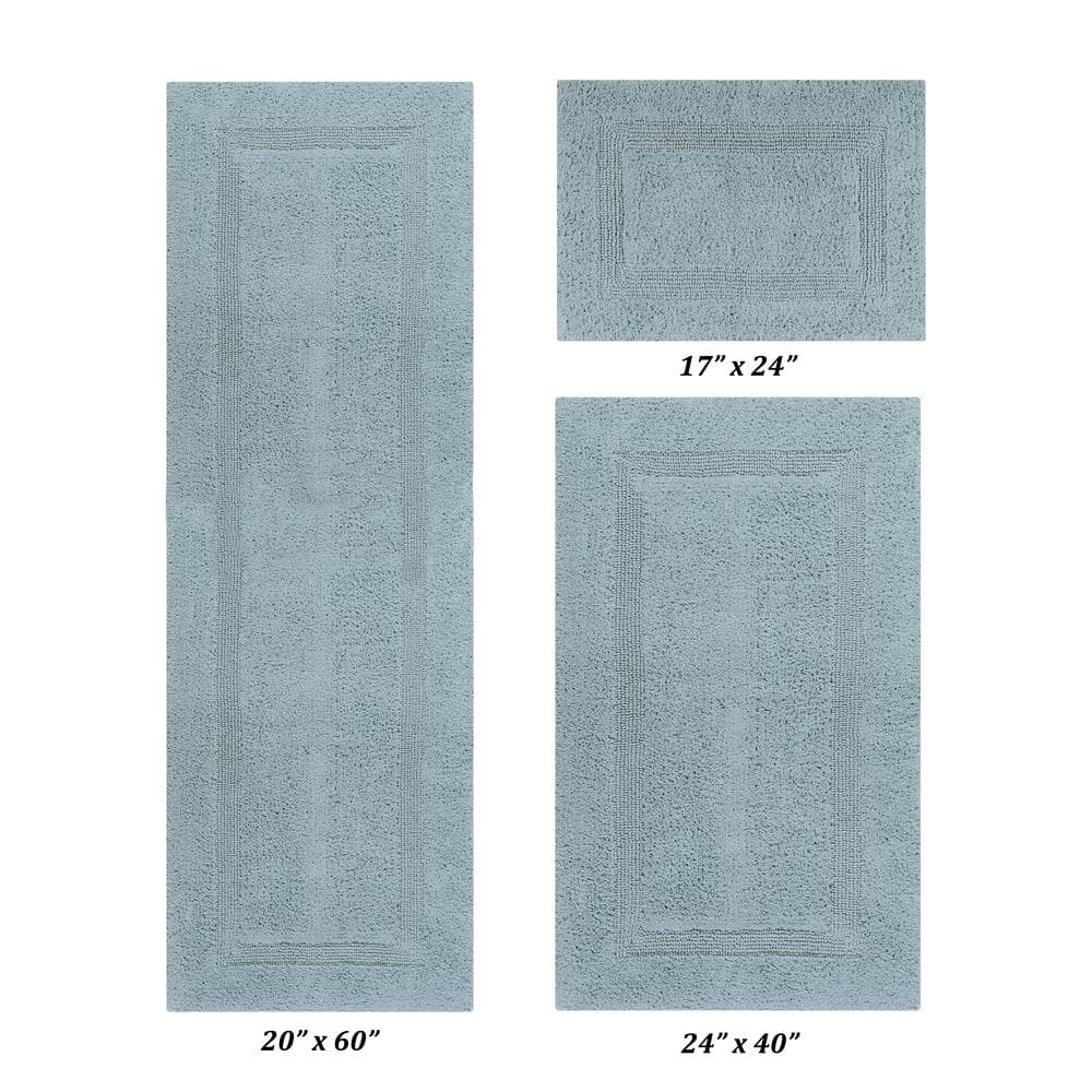 Luxurious Blue Cotton Tufted Reversible Bath Rug Set - 3 Pieces