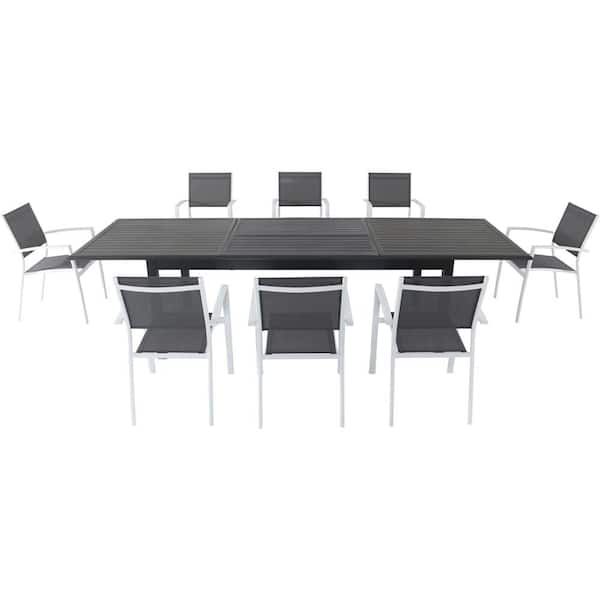 Hanover Dawson 9-Piece Aluminum Outdoor Dining Set with 8-Sling Chairs in Gray/White and an Expandable 40 in. x 118 in. Table