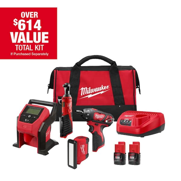 M12 12V Lithium-Ion Cordless Combo Kit (4-Tool) with Two 2.0Ah Batteries, Charger & Tool Bag