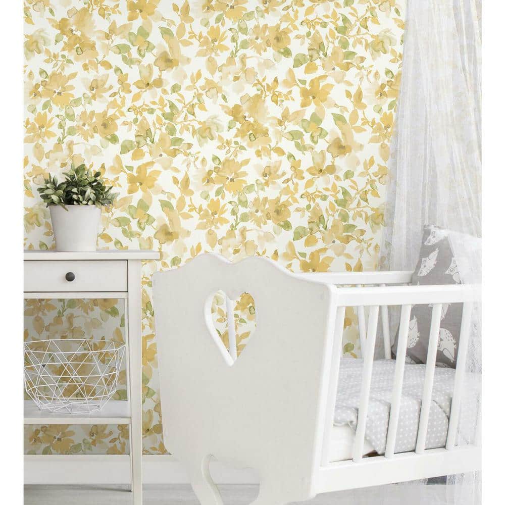 Yellow and Green Watercolor Floral Peel and Stick Wallpaper Roll