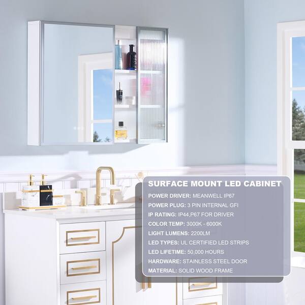 WELLFOR FLORA Solid Wood 36-in x 28-in Lighted LED Surface Mount White Mirrored Soft Close Medicine Cabinet