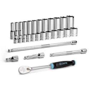 3/8 in. Drive Master 6-Point SAE Master Chrome Socket Set with Extension and 90-Tooth Soft Grip Ratchet (29-Piece)
