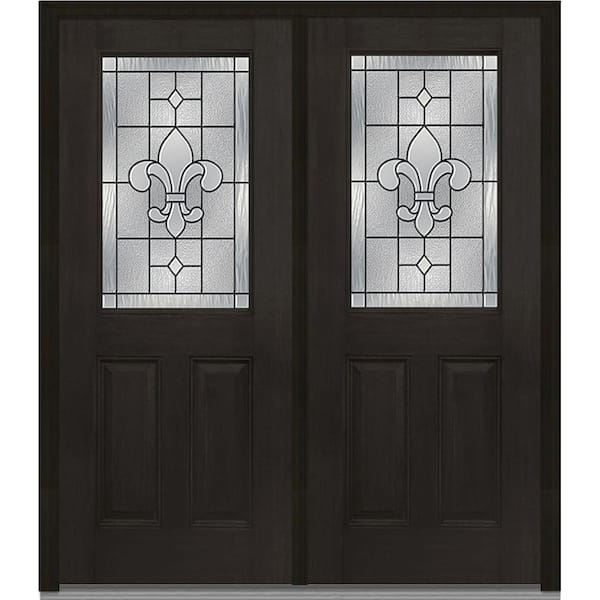 MMI Door 72 in. x 80 in. Carrollton Right-Hand Inswing 1/2-Lite Decorative 2-Panel Stained Fiberglass Mahogany Prehung Front Door