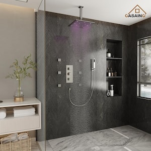 6-Spray 12 in. LED Thermostatic Dual Shower Heads Ceiling Mount Fixed and Handheld Shower Head 2.5 GPM in Brushed Nickel