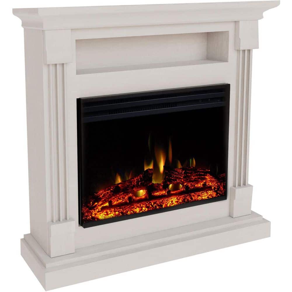 Sienna 34'' White MDF Electric Fireplace with Multi-Color Flame and Log Insert