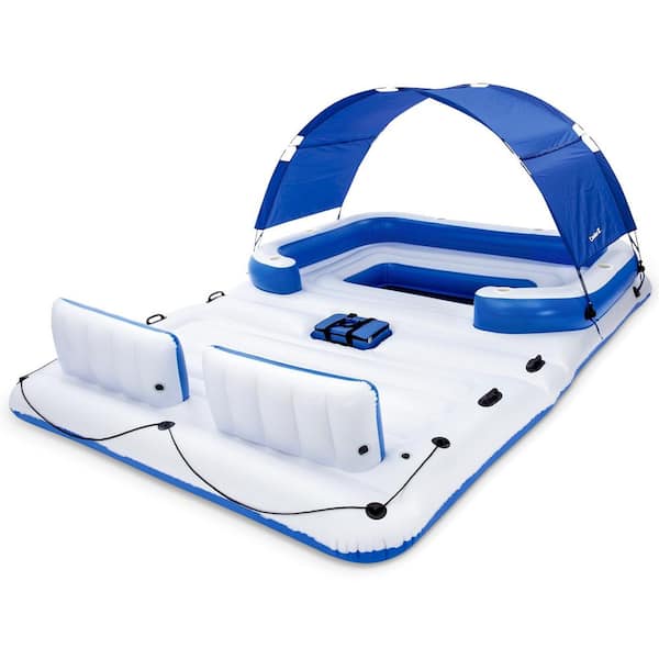 White Vinyl Rectangle CoolerZ Tropical Breeze 6-Person Floating Island Pool Lake Raft Lounge