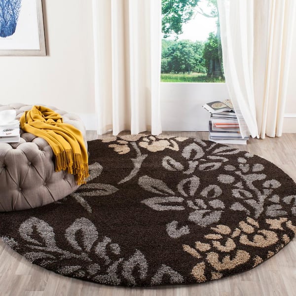 Florida Shag Dark Brown/Gray 4 ft. x 4 ft. Round Floral Area Rug