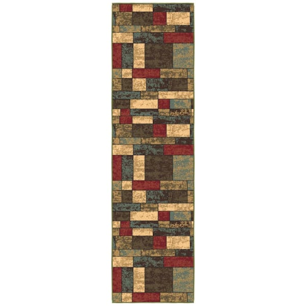 Ottohome Collection Non-Slip Rubberback Boxes Design 2x7 Indoor Runner Rug, 1 ft. 10 in. x 7 ft., Multicolor