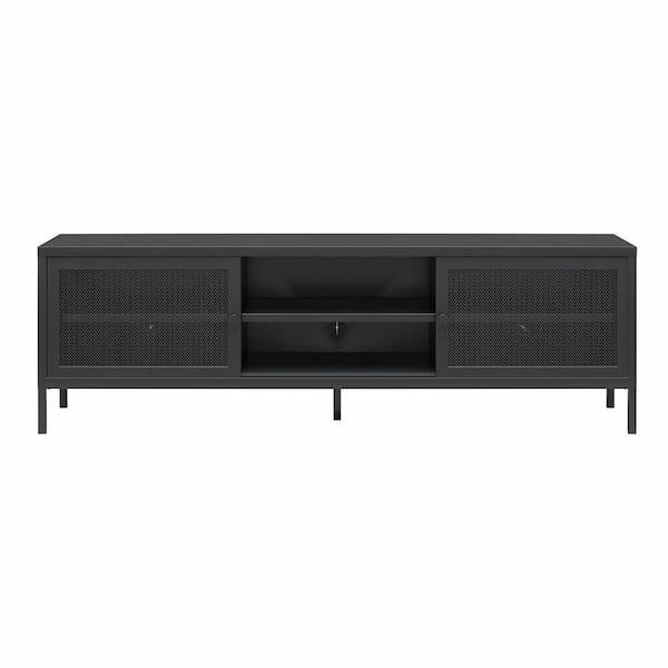 SystemBuild Evolution Sunset District Black Metal TV Stand fits TVs up to 65 in. with Perforated Metal Sliding Doors