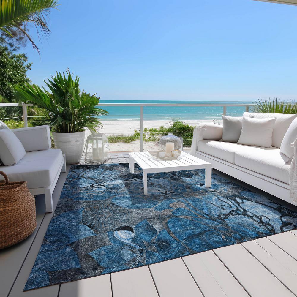 Blue Floral Synthetic 9' x 12' Washable Area Rug