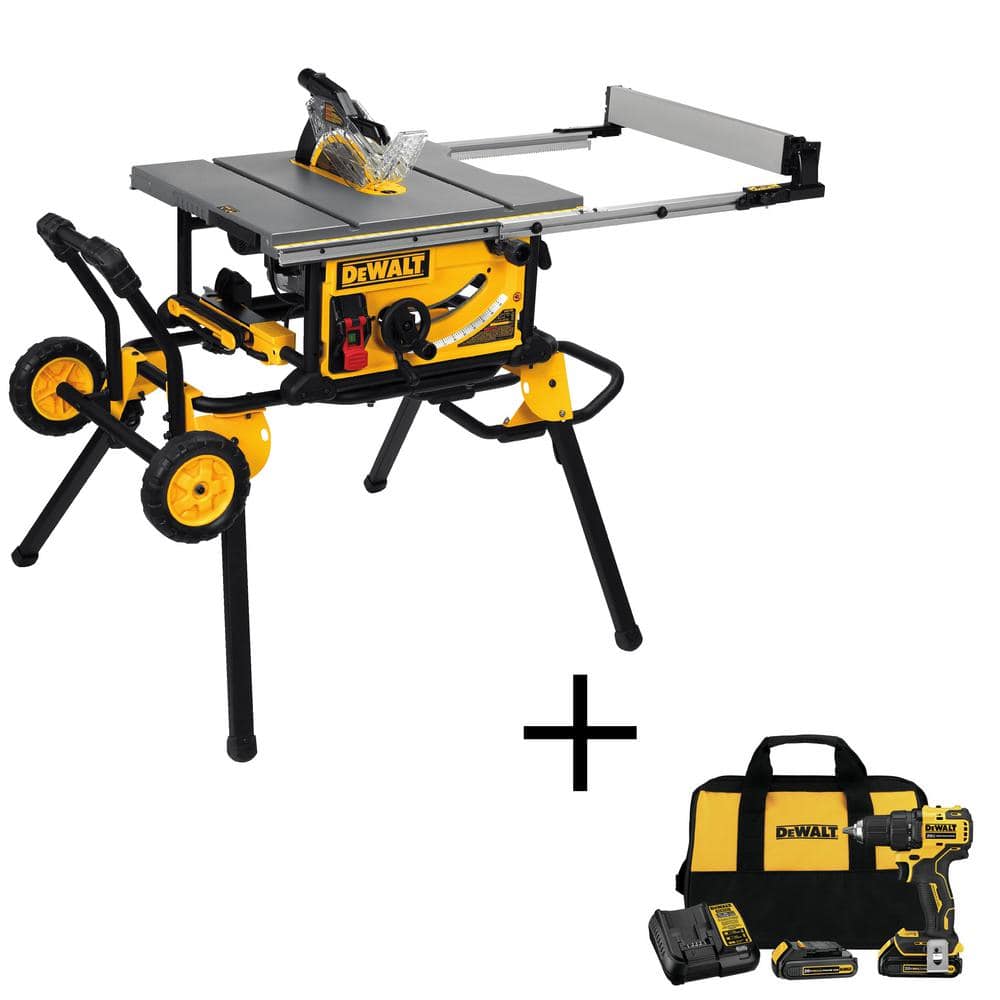 Nedgang Dempsey studie DEWALT 15 Amp Corded 10 in. Job Site Table Saw with Rolling Stand and  ATOMIC 20V Lithium-Ion 1/2 in. Drill Driver Kit DWE7491RSW708C2 - The Home  Depot