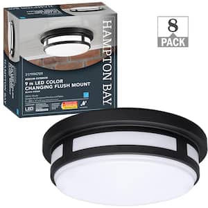 9 in. Round Black Indoor Outdoor LED Flush Mount Ceiling Light Adjustable CCT 600 Lumens Wet Rated (8-Pack)