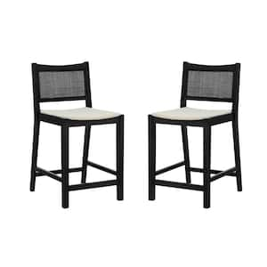 Lewis 25.25 in. Black Cane Low Back Wood Counter Stool with Fabric Seat Set of 2