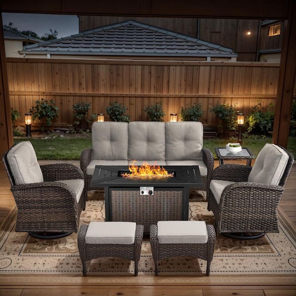 Brown 7-Piece Wicker Patio Fire Pit Set, Outdoor Sofa Seating Set with Olefin Beige Cushions and Swivel Rockers