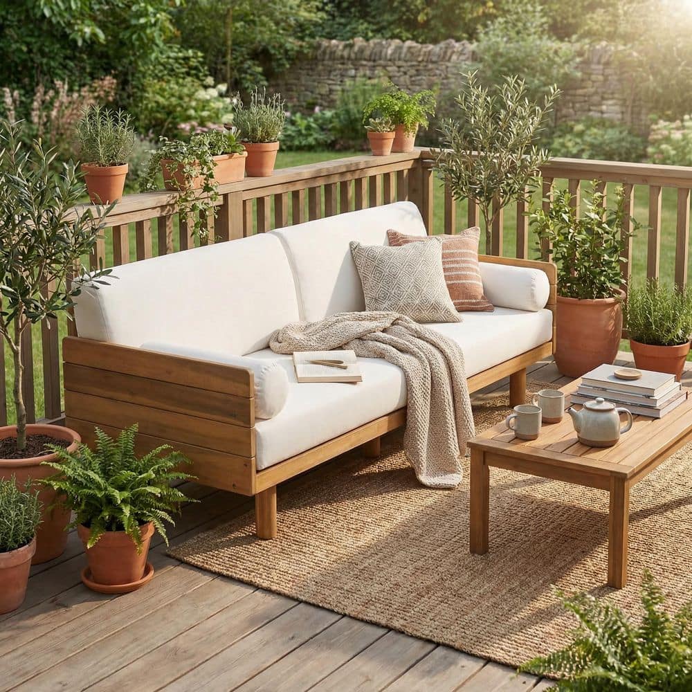 Giro Modern Light Teak Acacia Wood Patio 3-Seater Sofa Outdoor Couch with Beige Cushions price history on PriceWatchPro