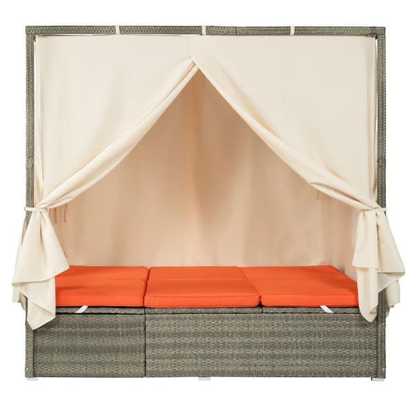 Brown Wicker Outdoor Day Bed with Orange Cushions, Curtain and Adjustable Sun Bed