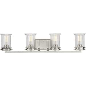 Winslett Collection 4-Light Brushed Nickel Clear Seeded Glass Coastal Bath Vanity Light