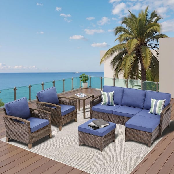 6-Piece Wicker Patio Conversation Set with Lounge Chairs, 5-Seat Outdoor Sofa Seating Group with Blue Cushions