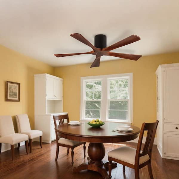 52 in. Modern Indoor Black Low Profile Solid Wood Light Brown Blade Flush Mount Ceiling Fan with Remote and Sleep Timer