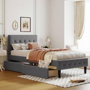 Gray Wood Frame Twin Size Linen Upholstered Platform Bed with 2-Drawer and Button-Tufted Headboard and FootBoard