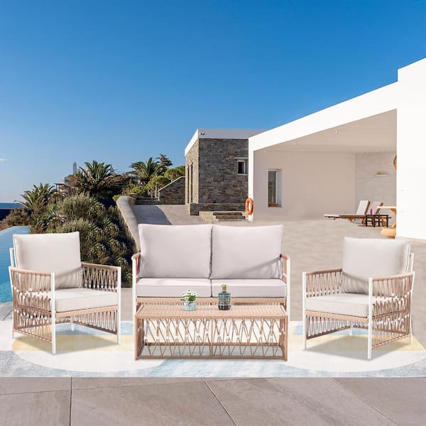 Cesicia 4-Pieces Wicker Outdoor Patio Conversation Sectional Set with 2 Chairs and 1 Coffee Table in Beige Cushions