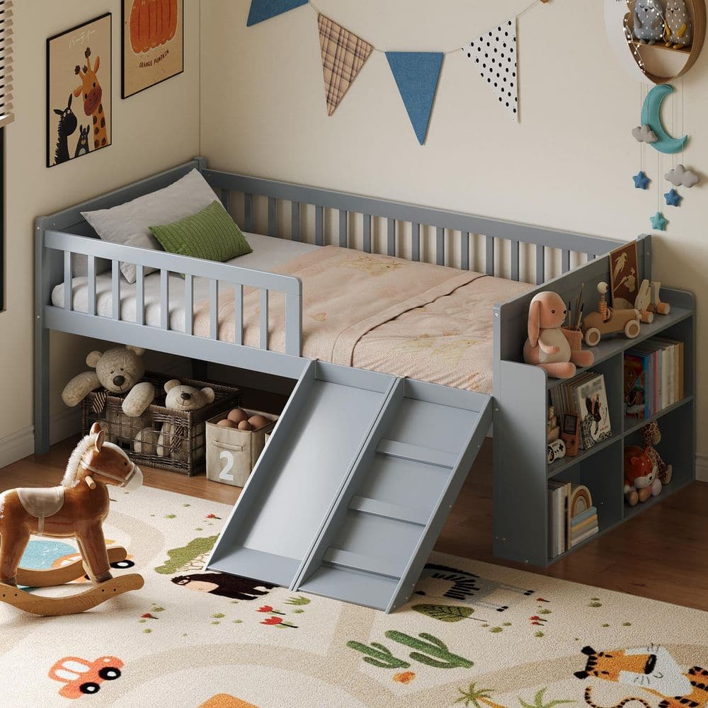 Gray Twin Size Kids Bed with Slide, Ladder, Storage Shelf, Safety Guardrail, Easy Assembly
