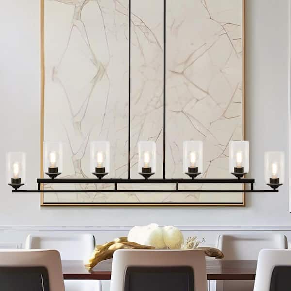 LNC Large 53.1 in. 7-Light Black Island Chandelier with Clear Cylindrical Glass Shades for Kitchen Island and Dining Room