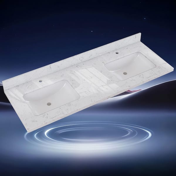 Cala 60 in. W x 22 in. D Cultured marble White Rectangular Double Sinks Bath Vanity Top with Backsplash in Carrara White