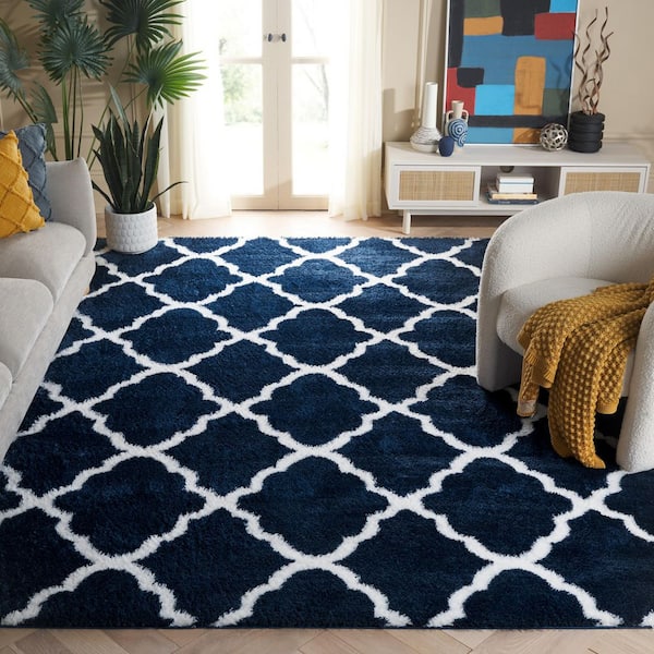 Tahoe Shag 9 ft. x 12 ft. Navy/White Trellis Diamond Area Rug