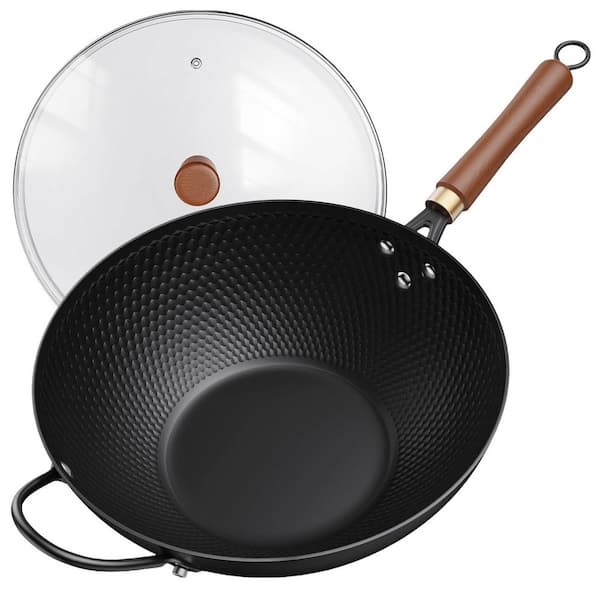 Black 13 in. Nonstick Wok, Carbon Steel Wok Pan with Glass Cover, Woks & Stir-Fry Pans for Induction, Electric, Halogen
