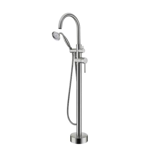 Aurora Decor ACA 2-Handle Freestanding Floor Mount Roman Tub Faucet Bathtub Filler with Waterfall Style Hand Shower in Brushed nickel