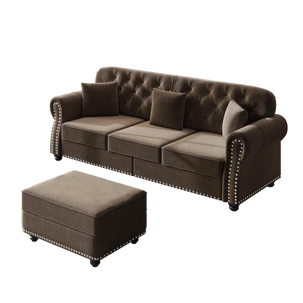 UOI Mid-Century Modern 63 in. Wide Rolled Arm Velvet Chesterfield