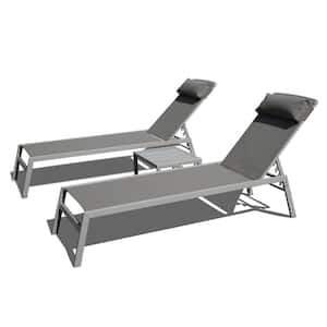 Gray 3-Piece Metal Outdoor Adjustable Chaise Lounge with Headrest