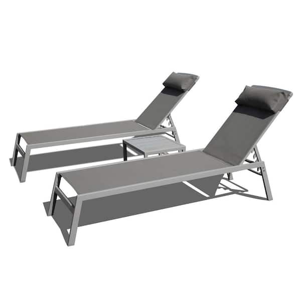 Cesicia Gray 3-Piece Metal Outdoor Adjustable Chaise Lounge with Headrest