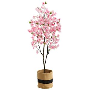72 in. Pink Artificial Cherry Blossom Tree in Handmade Jute and Cotton Basket