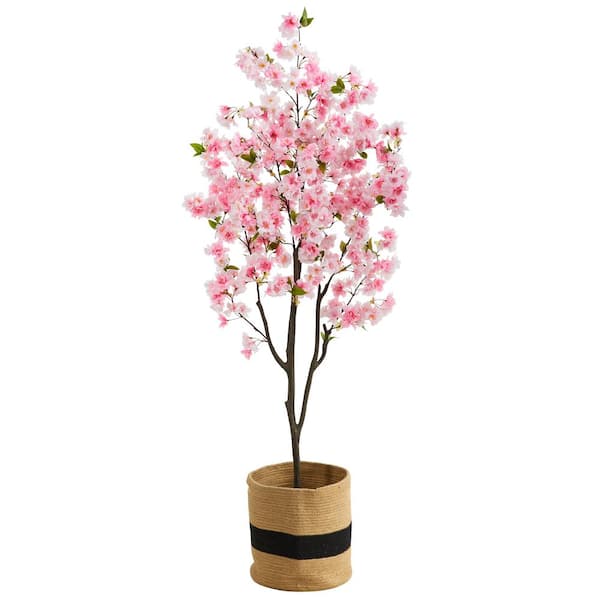 Nearly Natural 72 in. Pink Artificial Cherry Blossom Tree in Handmade Jute and Cotton Basket