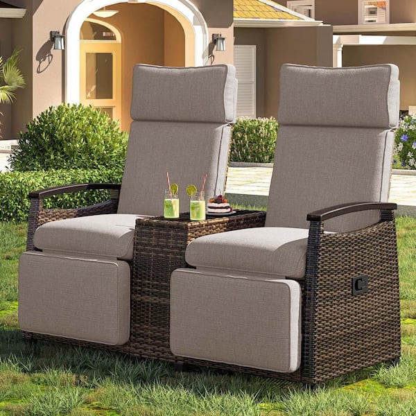 Unbranded Wicker Outdoor Chaise Lounge with Brown Cushions, Adjustable Reclining Patio Lounge Chair with Built-in Storage Table