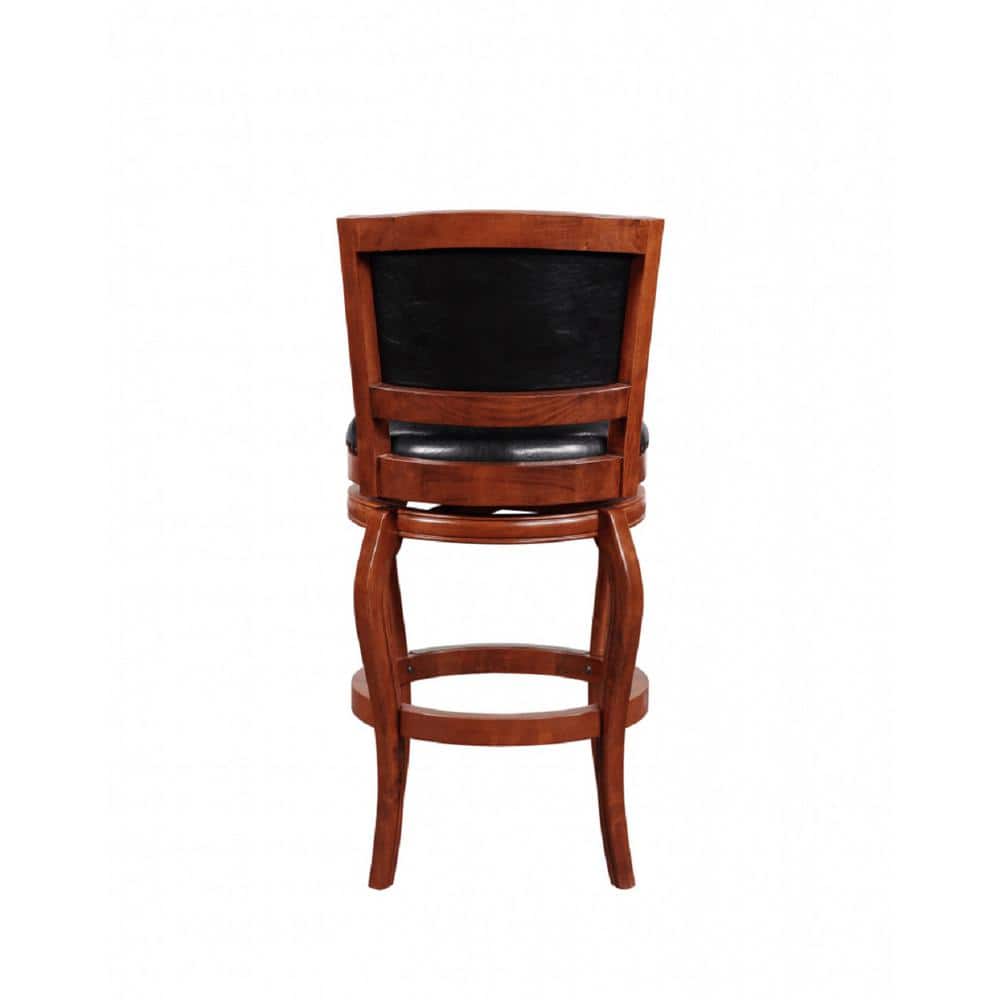 Cherry Hardwood & Black Leather 44.5" Swivel Barstool with Brass Accents